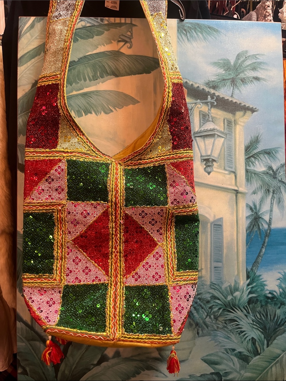 Festival boho Embellished Sequin Patchwork Tote Bag - Pink Green Red